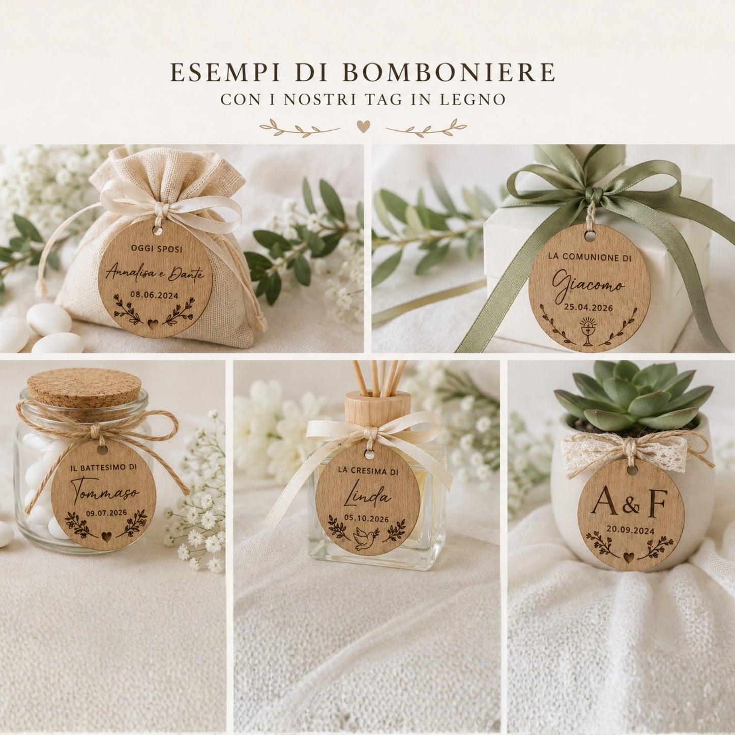 Tag bomboniere personalizzati in legno | Matrimonio, battesimo, comunione e cresima