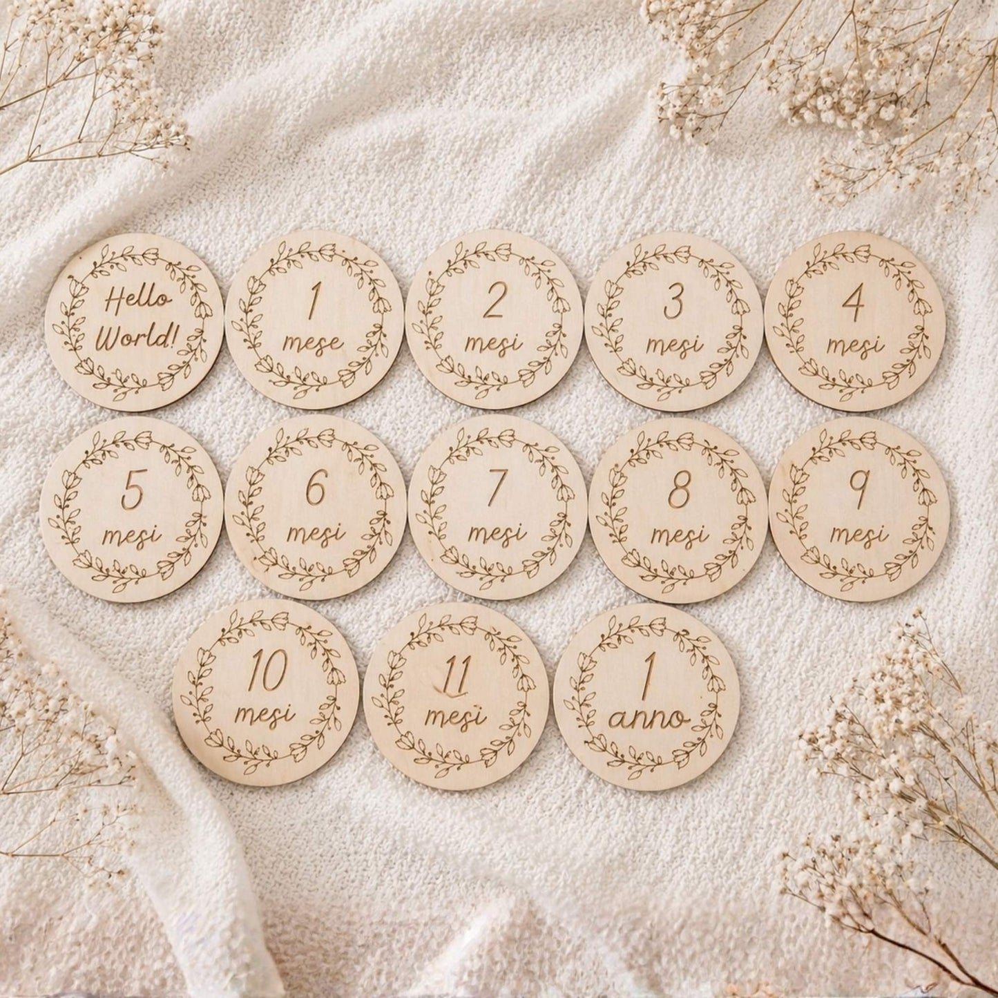 Milestone nascita in legno personalizzati – Set 13 dischi mesi bambino