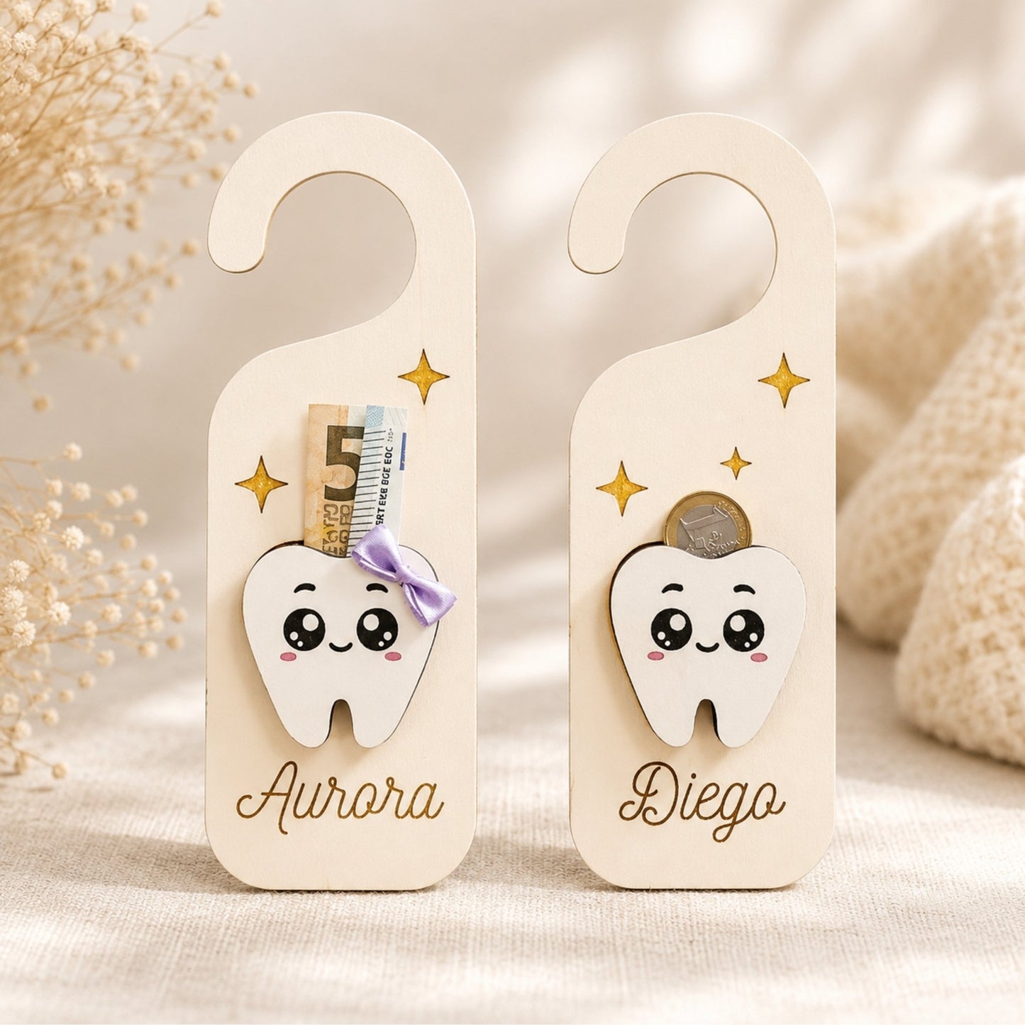 Porta Soldini Fatina dei Denti Personalizzato in Legno con Nome