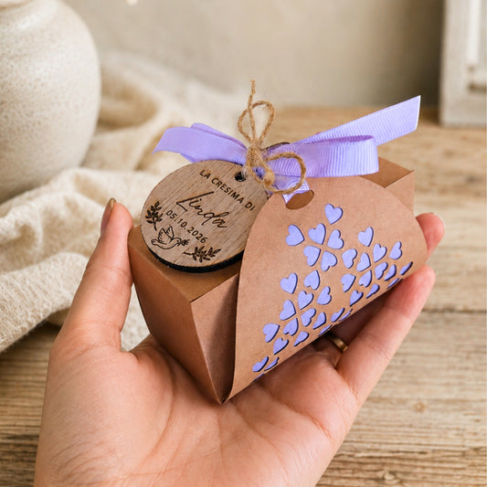 Scatolina Porta Confetti Kraft Personalizzata con Tag in Legno Inciso