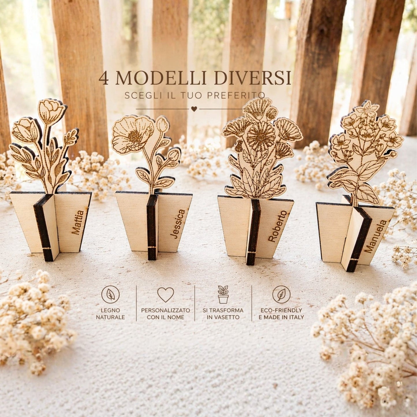 Segnaposto matrimonio vasetto in legno personalizzato con nome