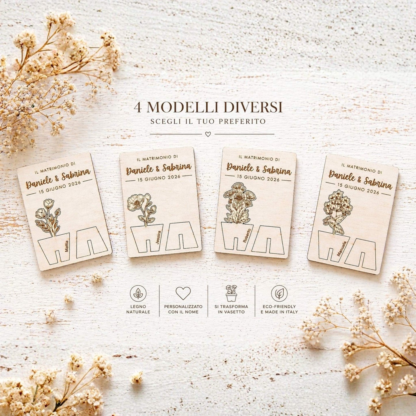 Segnaposto matrimonio vasetto in legno personalizzato con nome