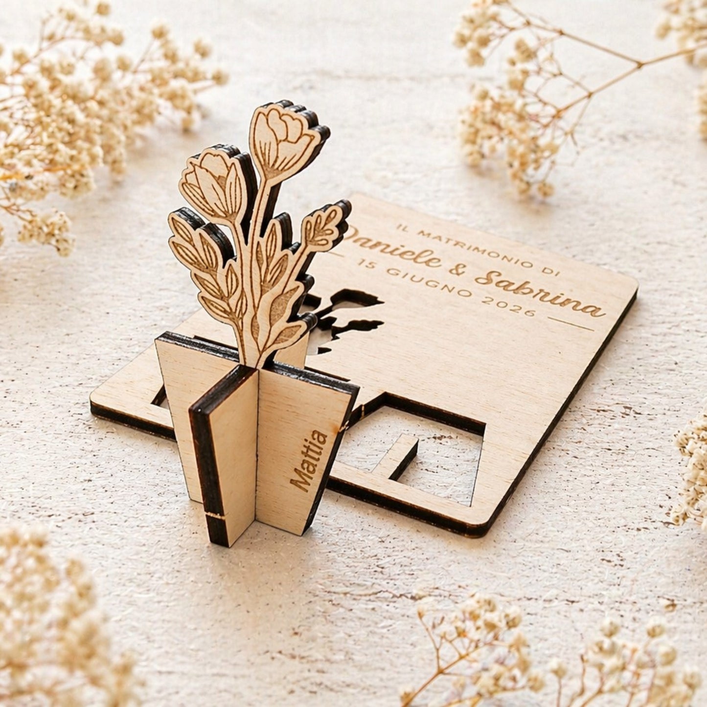 Segnaposto matrimonio vasetto in legno personalizzato con nome