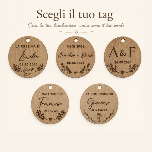 Tag bomboniere personalizzati in legno | Matrimonio, battesimo, comunione e cresima
