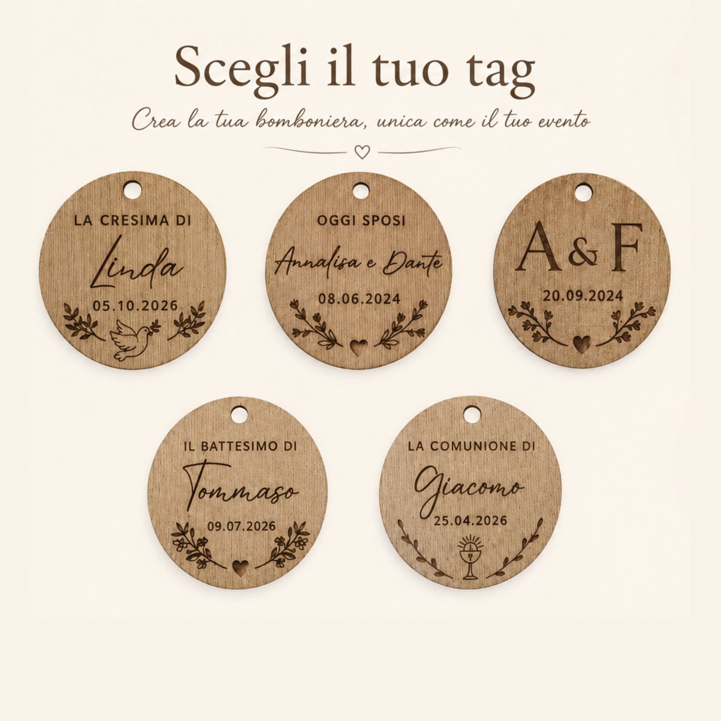 Scatolina Porta Confetti Kraft Personalizzata con Tag in Legno Inciso